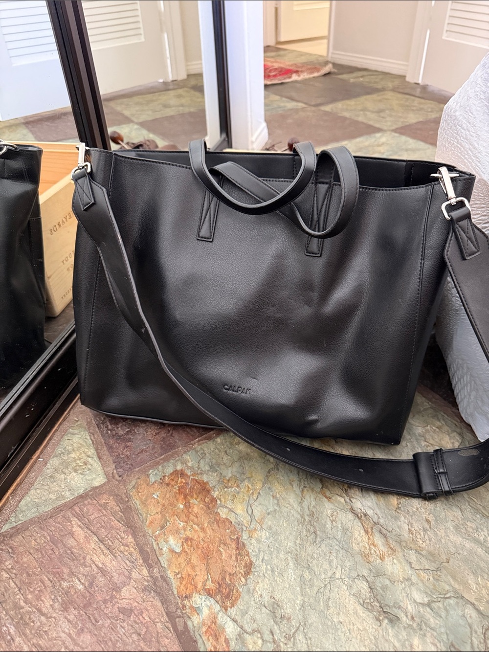 Calpak Black Leather Laptop Tote with Removable Shoulder Strap